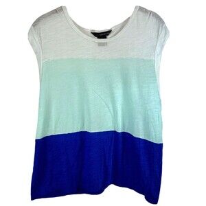 Calvin Klein Jeans White Aqua Blue Colorblock Cap Sleeve Top